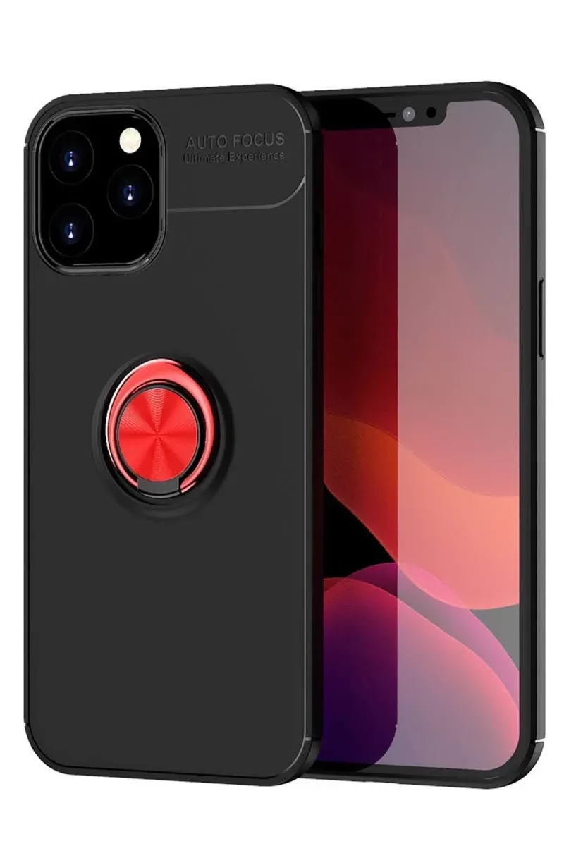 iPhone 12 Pro Max ile Uyumlu Range Yüzüklü Silikon Kılıf - 360° Dönen Ring, Stand Özellikli Siyah/Kırmızı