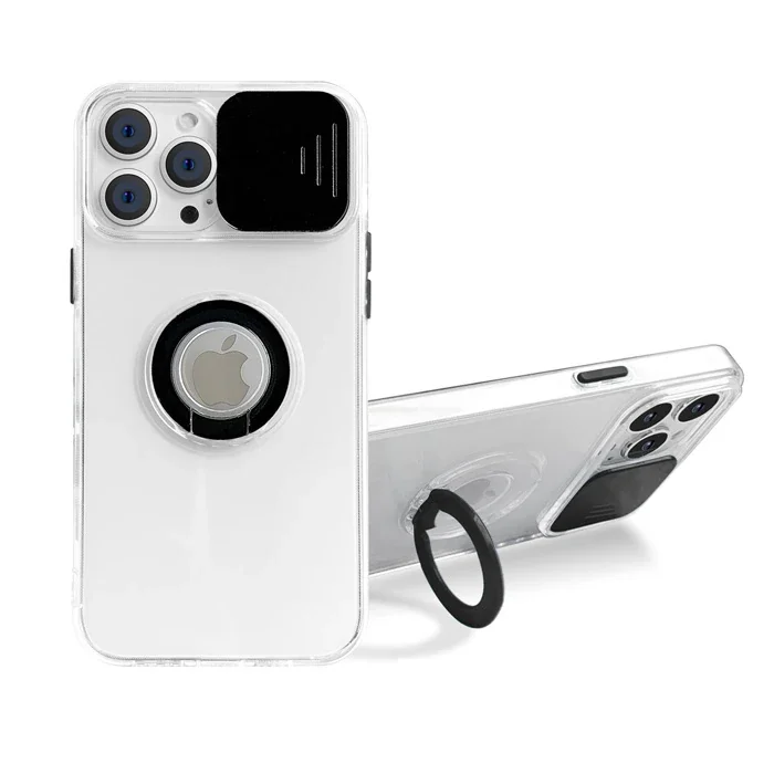 iPhone 12 Pro Max Kılıfı – Sürgülü Lens Kapağı & Yüzük Standlı Silikon Koruyucu