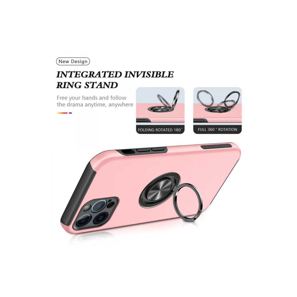 iPhone 12 Pro Max Kılıf Yüzüklü Kapak - Pembe | Mıknatıslı Araç Tutucu Uyumlu