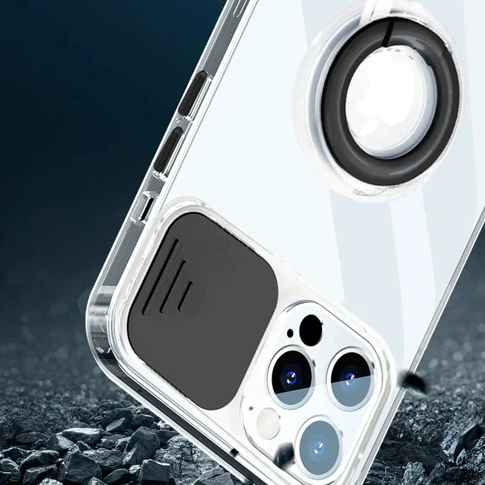 iPhone 12 Pro Max Kılıfı – Sürgülü Lens Kapağı & Yüzük Standlı Silikon Koruyucu