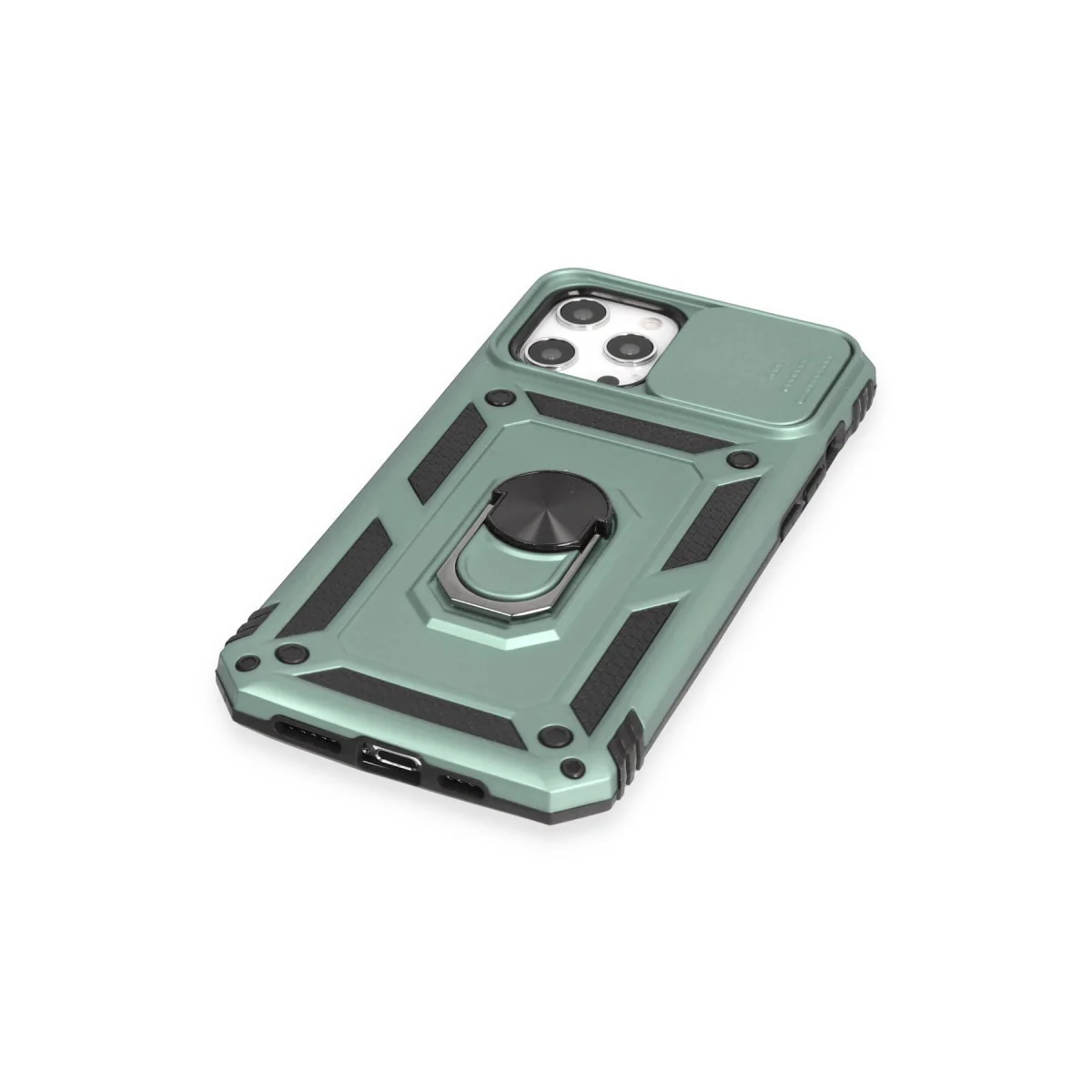 iPhone 12 Pro Max Yeşil Silikon Kılıf - Pars Lens Yüzüklü & Metal Stand (Maksimum Koruma)