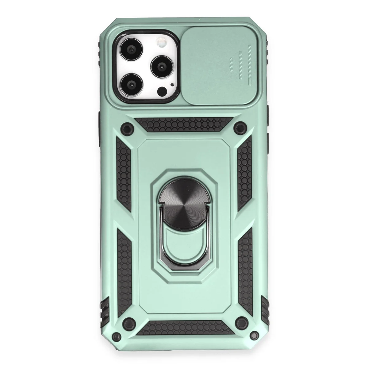 iPhone 12 Pro Max Yeşil Silikon Kılıf - Pars Lens Yüzüklü & Metal Stand (Maksimum Koruma)