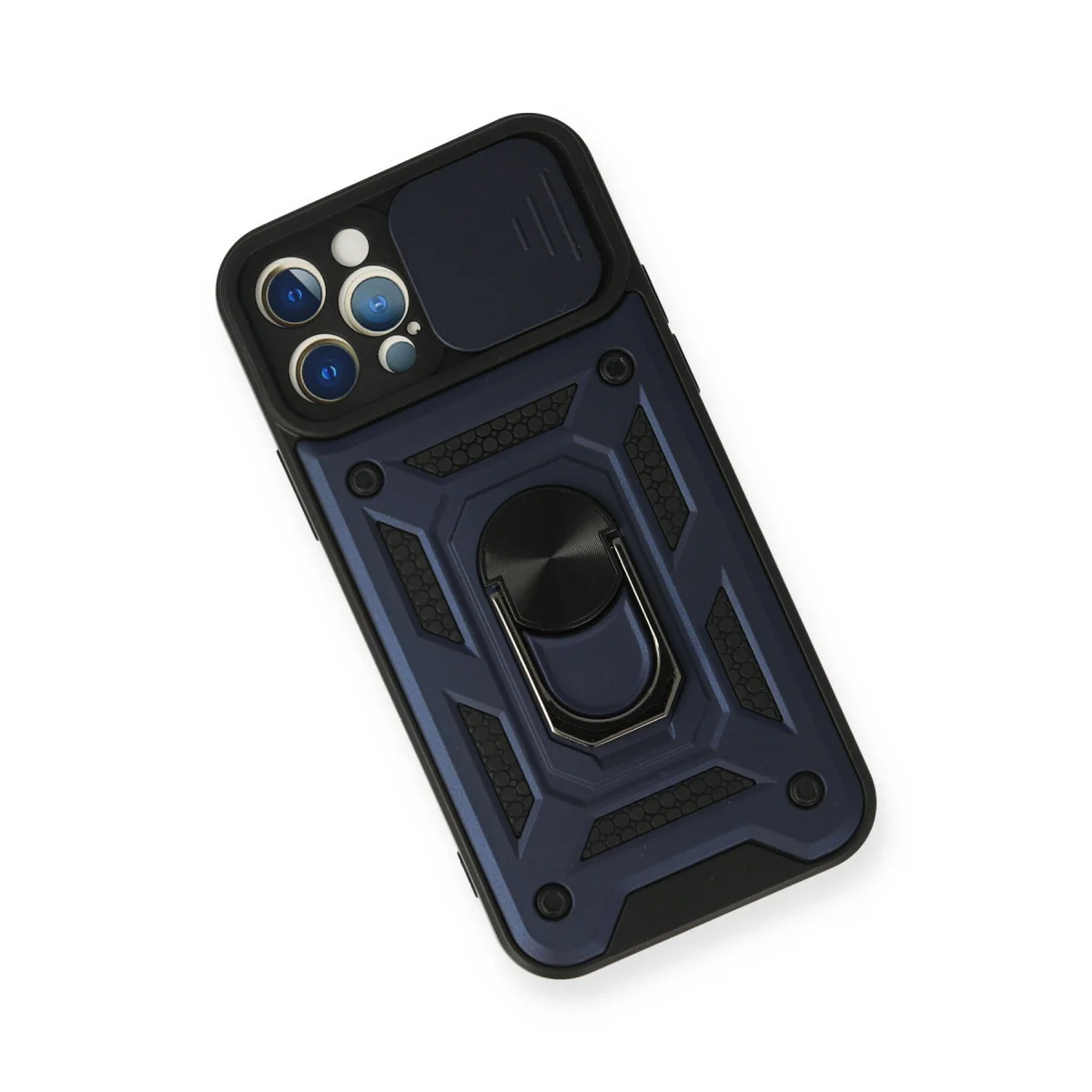 iPhone 12 Pro Silikon Kılıf - Lens Kılıflı, Metal Standlı, Mat Lacivert