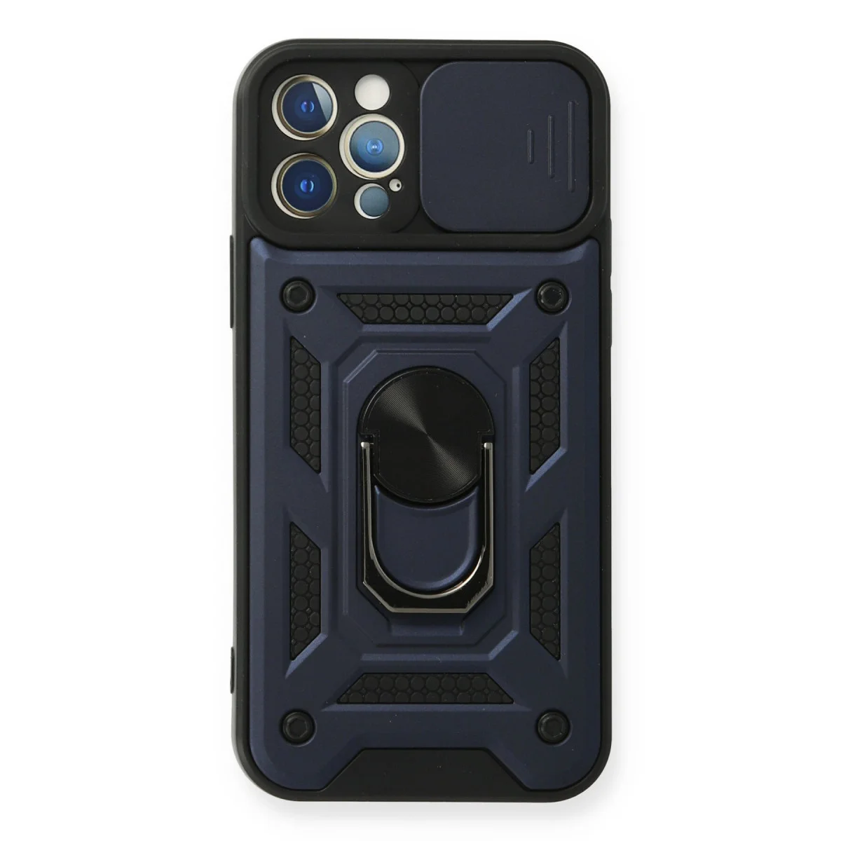 iPhone 12 Pro Silikon Kılıf - Lens Kılıflı, Metal Standlı, Mat Lacivert