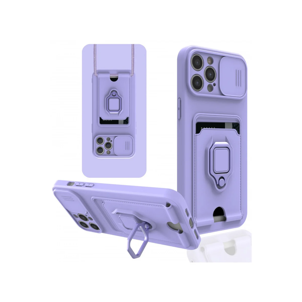 iPhone 12 Pro Zuma Kart Bölmeli Yüzüklü Silikon Kılıf - Lila (Metal Yüzük ve Stand Destekli)