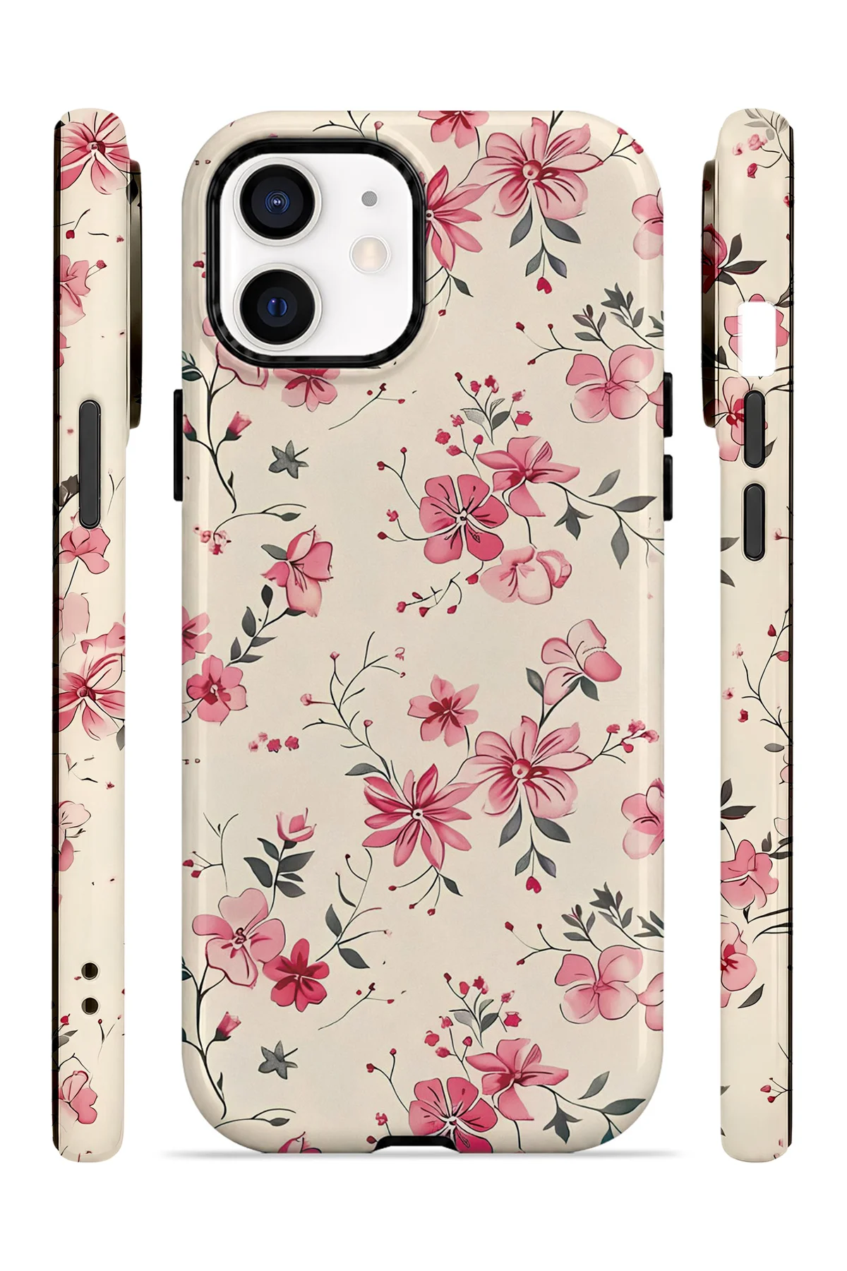 iPhone 12 Vorian Çift Katmanlı Pembe Kır Çiçeği Kılıf - Görsel 3