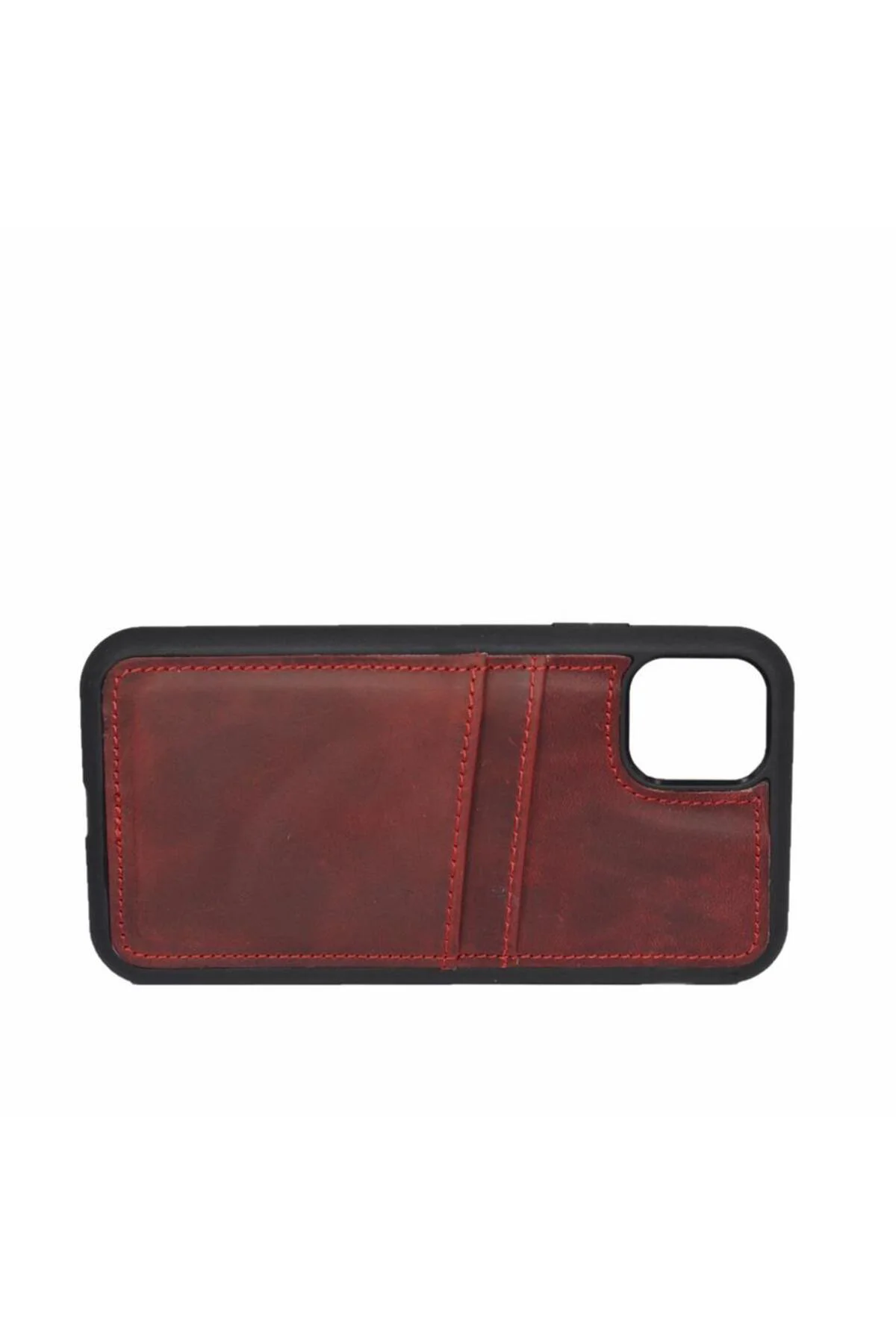 iPhone 13 Hakiki Deri Kapak Back Cover Kartlıklı Telefon Kılıfı Kırmızı