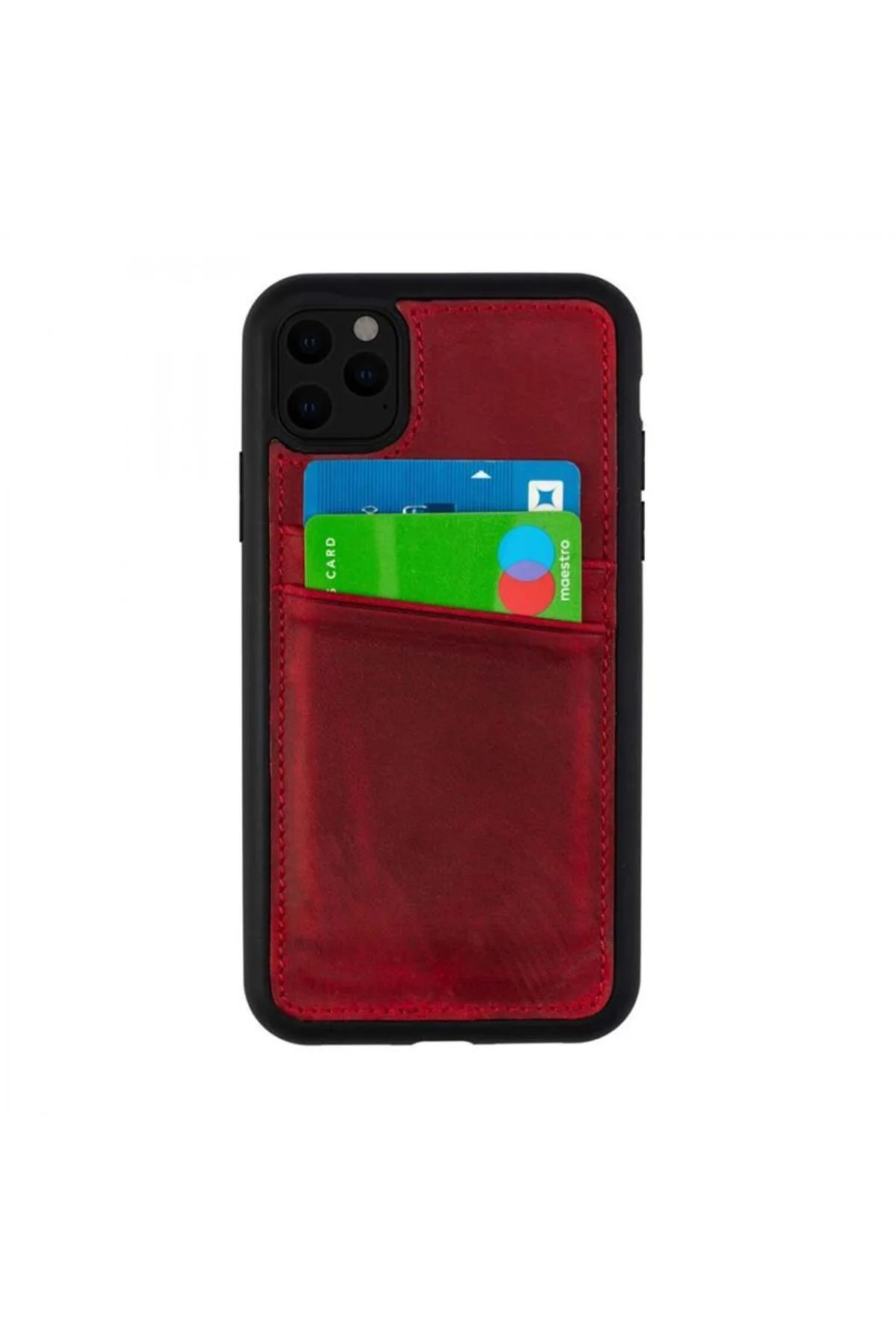 iPhone 13 Hakiki Deri Kapak Back Cover Kartlıklı Telefon Kılıfı Kırmızı