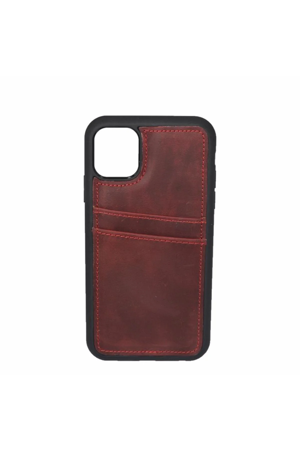 iPhone 13 Hakiki Deri Kapak Back Cover Kartlıklı Telefon Kılıfı Kırmızı