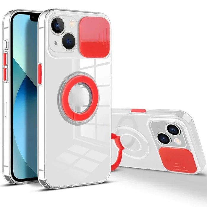 iPhone 13 Mini Kılıfı 5.4" Sürgülü Lens Korumalı Yüzük Standlı - Darbeye Dayanıklı Silikon