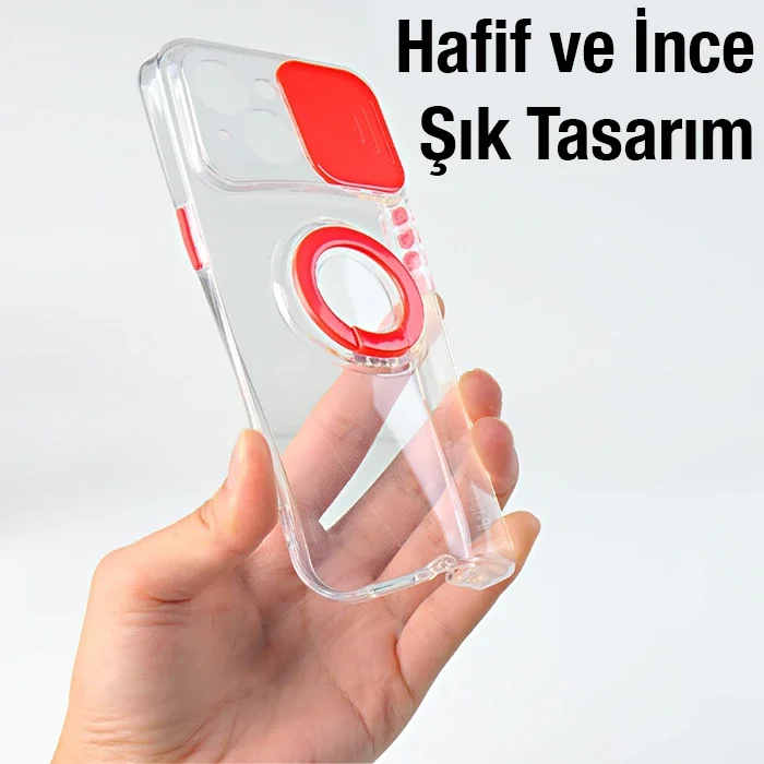 iPhone 13 Mini Kılıfı 5.4" Sürgülü Lens Korumalı Yüzük Standlı - Darbeye Dayanıklı Silikon