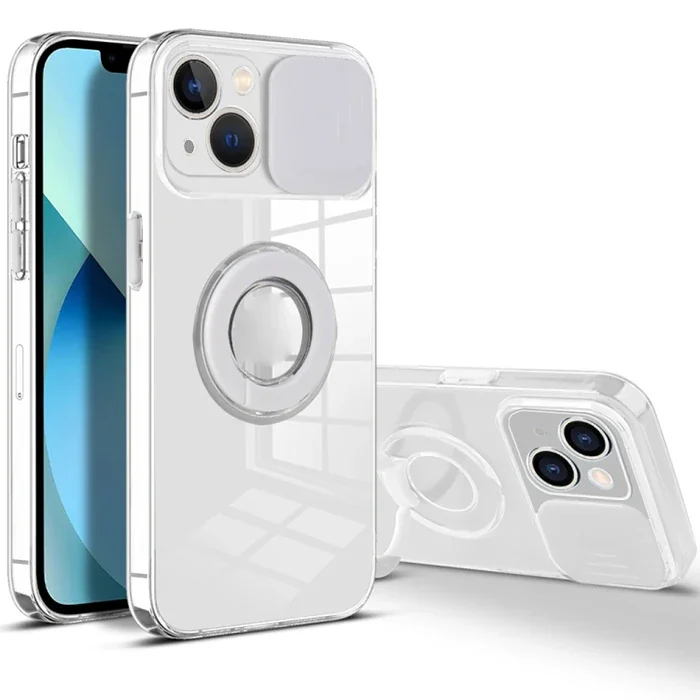 iPhone 13 Mini Kılıfı 5.4" Sürgülü Lens Korumalı Yüzük Standlı - Darbeye Dayanıklı Silikon