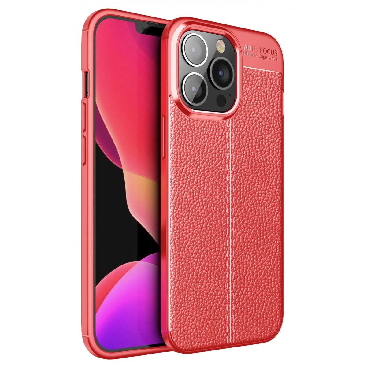 iPhone 13 Pro Auto Focus Kılıf - Kırmızı Deri Dokulu TPU Korumalı Kılıf