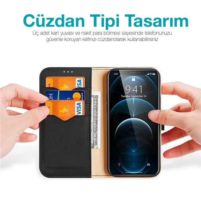 iPhone 13 Pro Deri Manyetik Cüzdanlı Kılıf - RFID Korumalı & 360° Darbe Emici