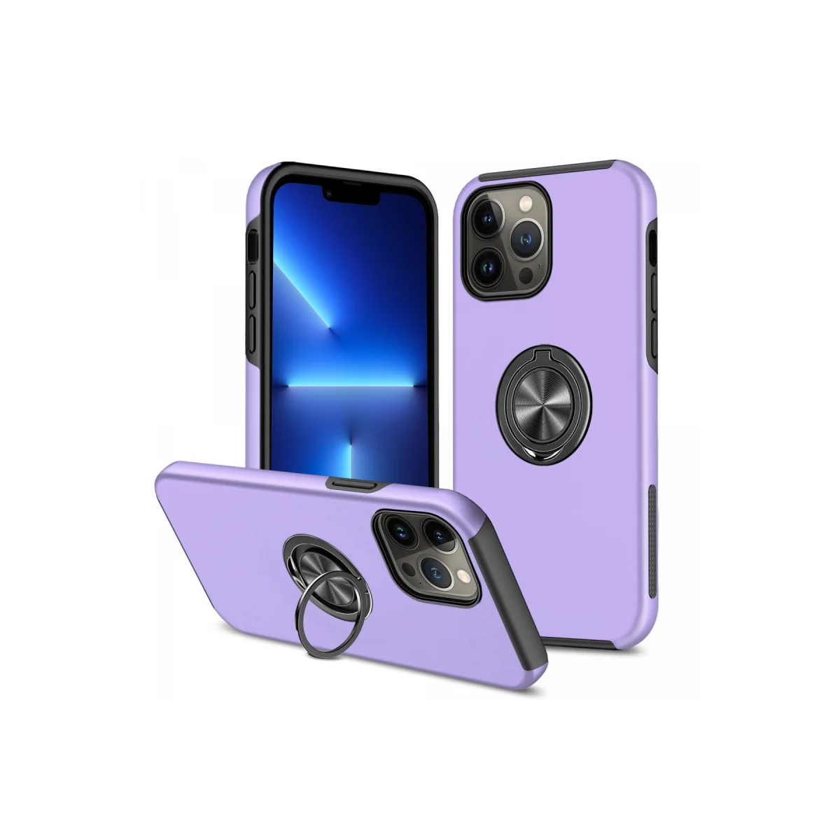 iPhone 13 Pro Elit Yüzüklü Kapak - Mor Mıknatıslı Otostop