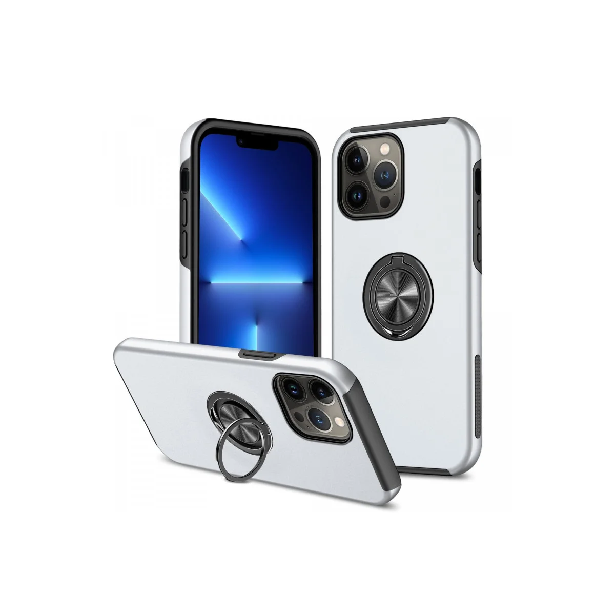iPhone 13 Pro Elit Yüzüklü Kılıf - Gümüş Şok Korumalı