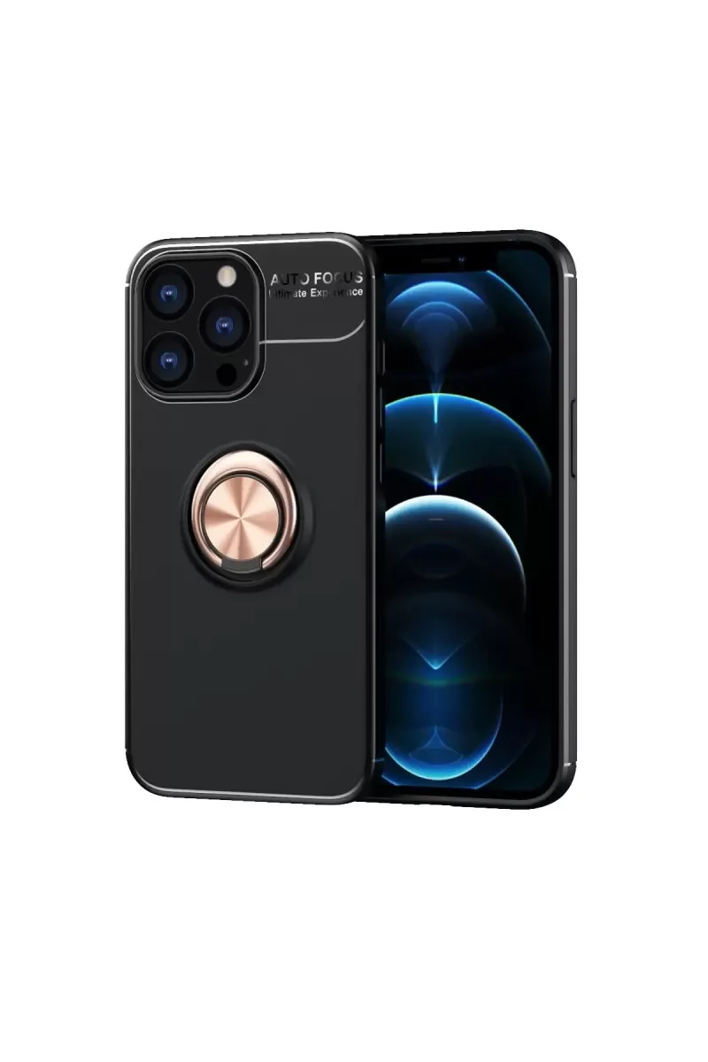 iPhone 13 Pro ile Uyumlu Range Yüzüklü Silikon Kılıf - Siyah/Gold, 360° Döner Yüzük, Araç Mıknatıslı Tutucu Uyumlu, Stand Özellikli Mat Silikon Telefo