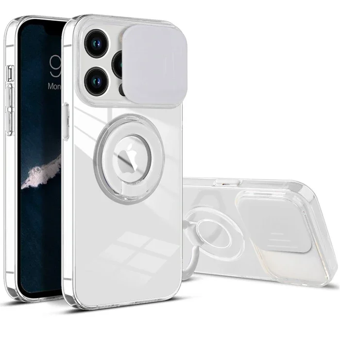 iPhone 13 Pro Kılıf Sürgülü Lens Korumalı Yüzük Standlı Silikon