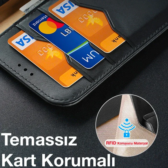 iPhone 13 Pro Max Deri Mıknatıslı Cüzdanlı Kılıf - Manyetik RFID Koruma