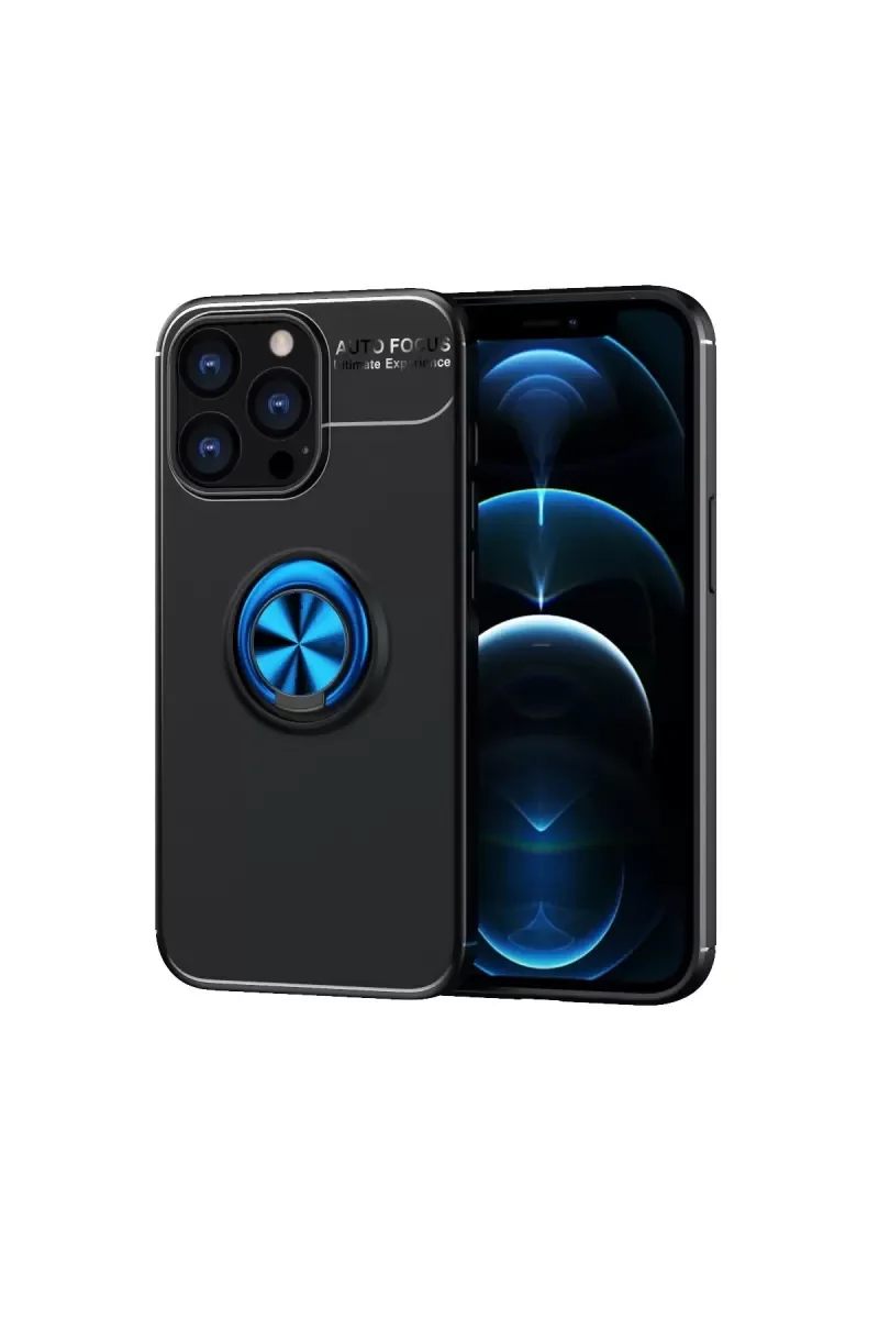 iPhone 13 Pro Max ile Uyumlu Yüzüklü Silikon Kılıf - 360° Dönen Stand, Siyah-Mavi