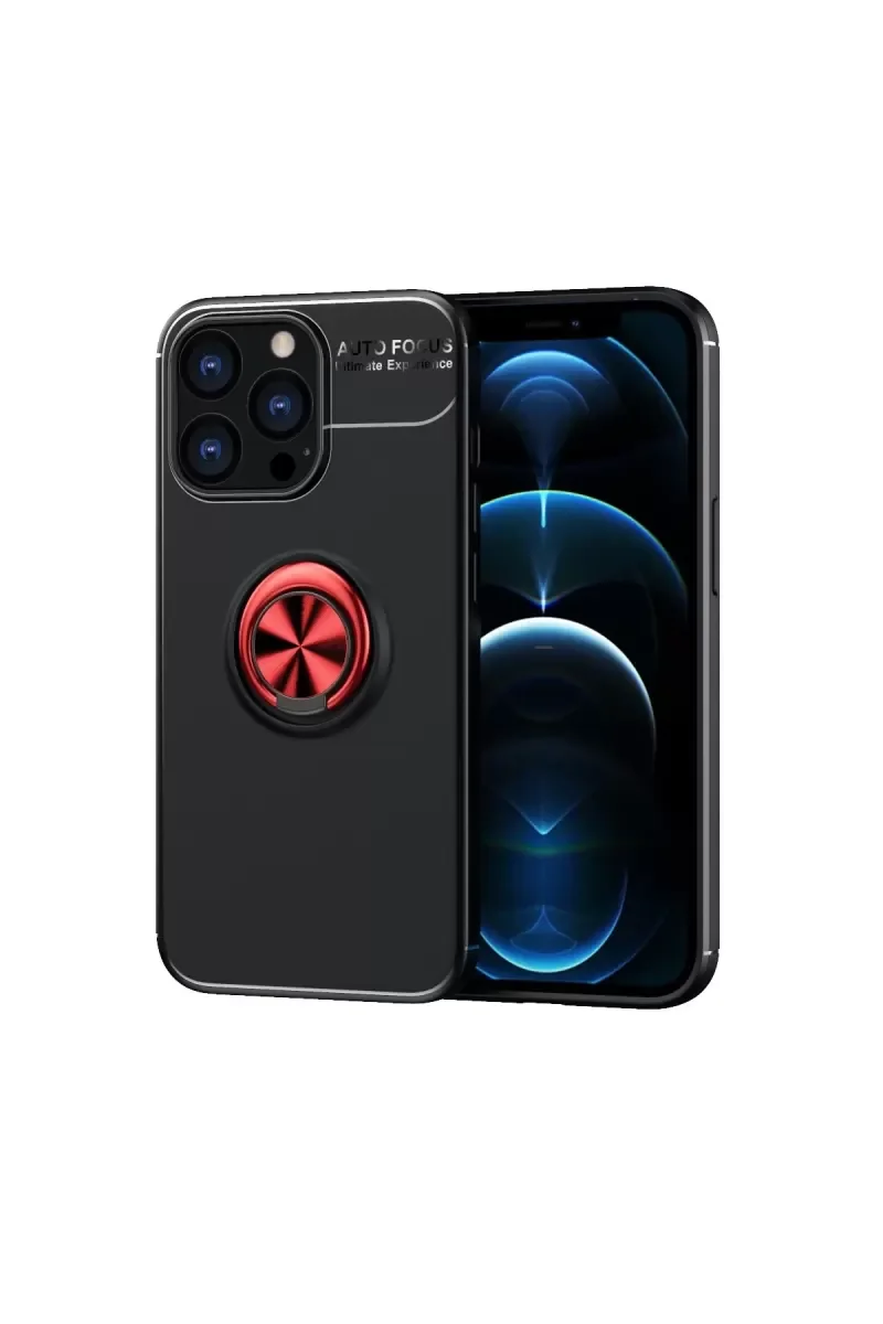 iPhone 13 Pro Max ile Uyumlu Yüzüklü Silikon Kılıf - 360° Dönen Ring, Araç Mıknatıslı Tutucu Uyumlu, Siyah-Kırmızı