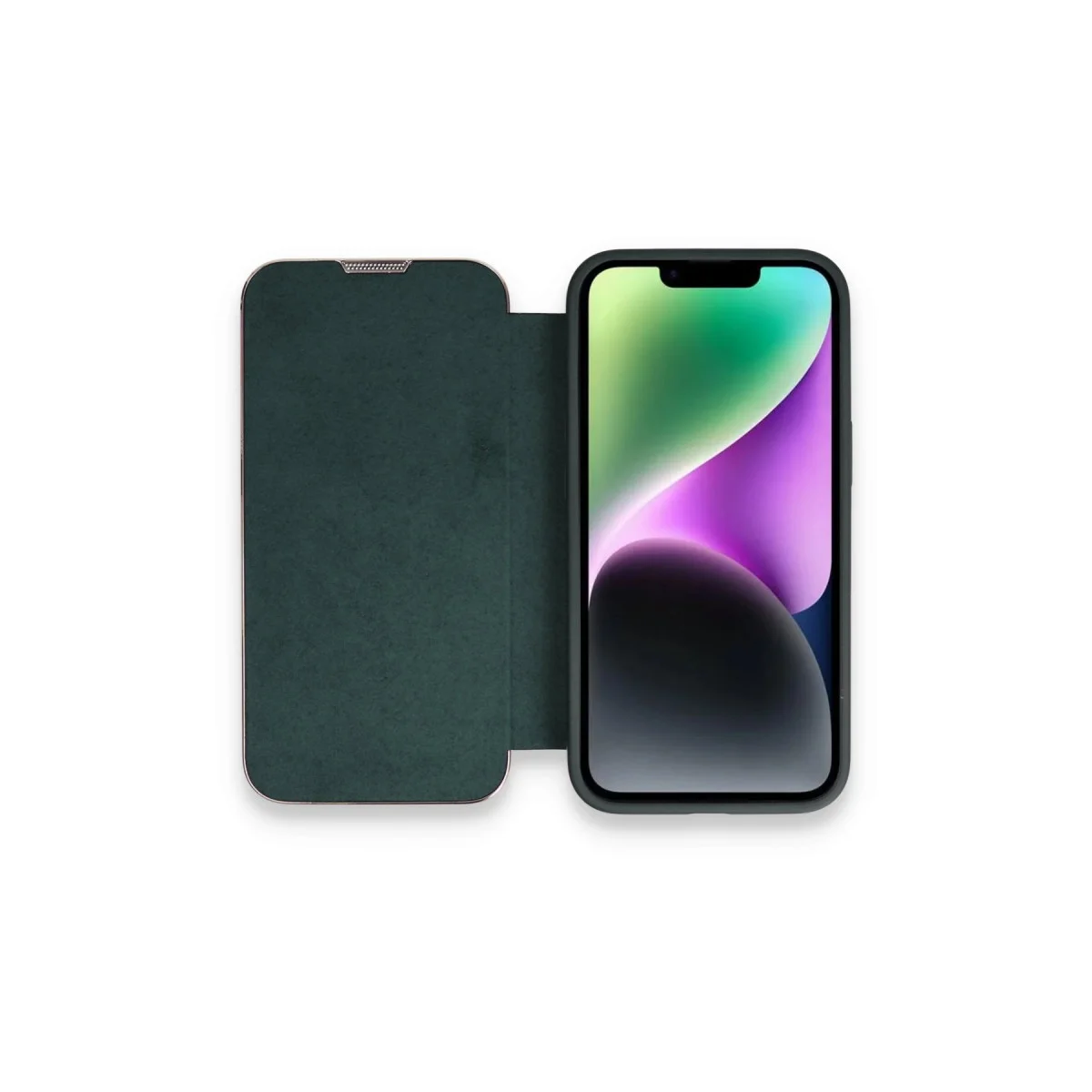 iPhone 13 Pro Max Kılıf Dolpin Kapaklı Koyu Yeşil Deri Kılıf - Süet İçi & Çizilmeye Karşı Güçlü Koruma