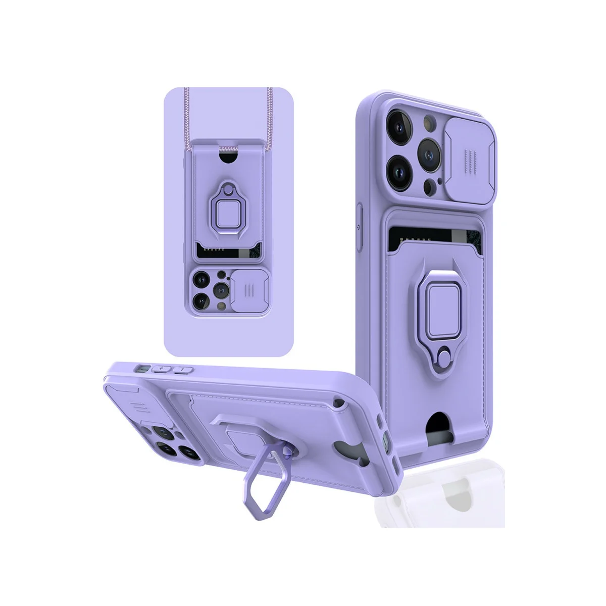 iPhone 13 Pro Max Zuma Kart Bölmeli Silikon Kılıf - Lila | Kamera Korumalı ve Standlı