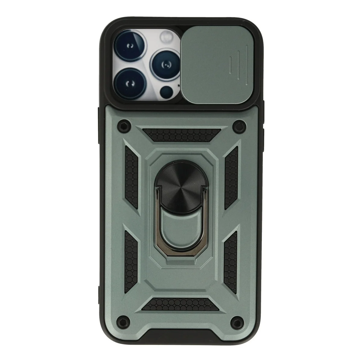 iPhone 13 Pro Silikon Kılıf - Yeşil Lens Korumalı & Metal Standlı Premium Kılıf