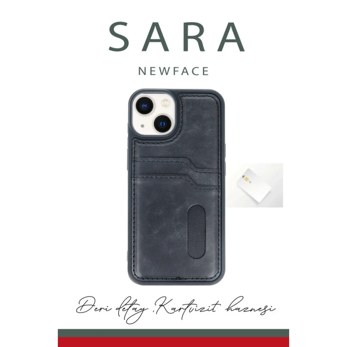 iPhone 14 Deri Kılıf - Kırmızı Sara Kartvizitli ve Cüzdan Kılıfı
