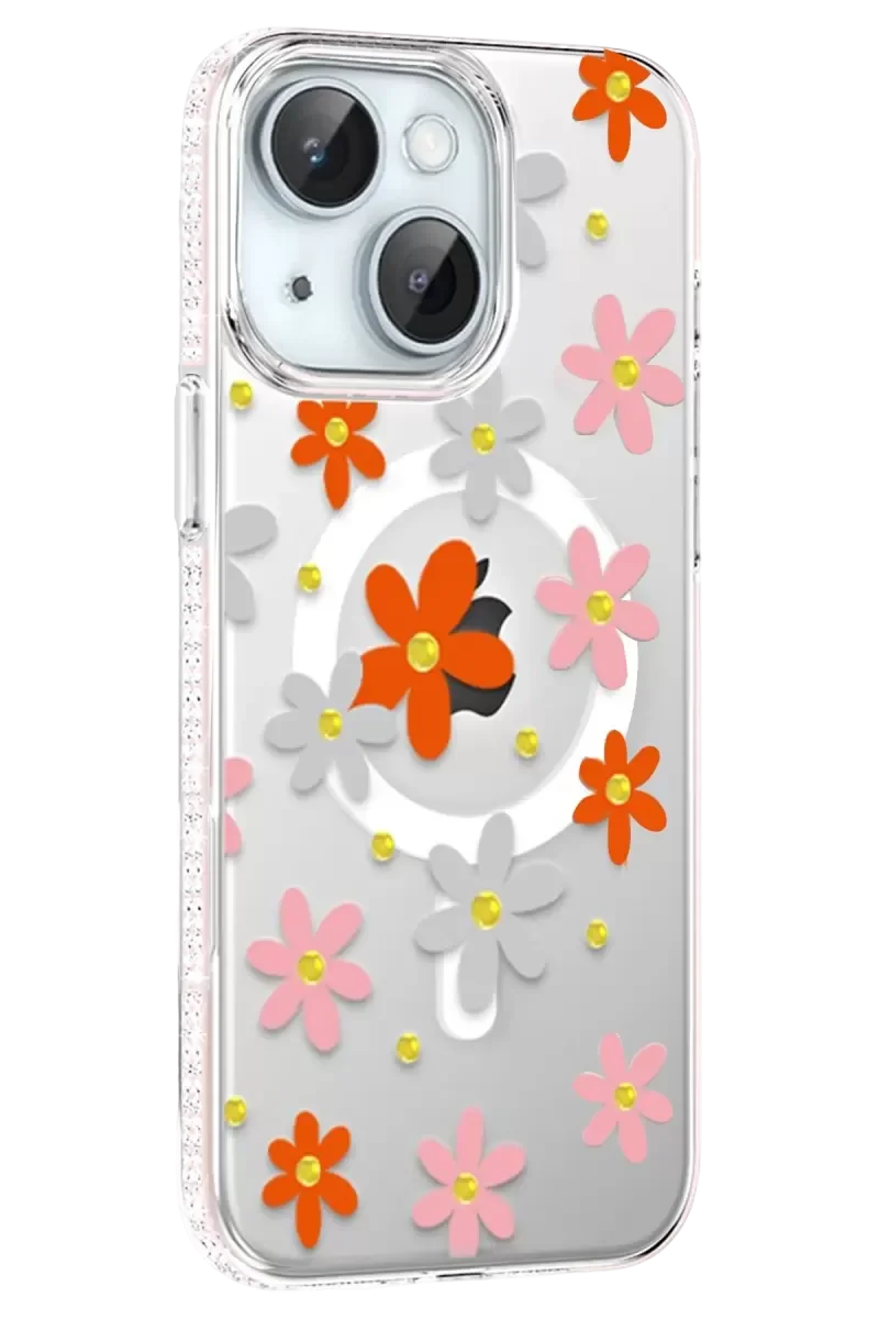 iPhone 14 ile Uyumlu Floral Magsafe Kapak - Turuncu Elmas Detaylı Çiçek Desenli Şık Telefon Kılıfı