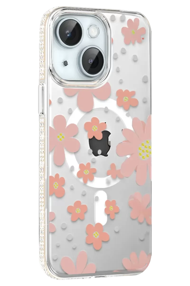 iPhone 14 ile Uyumlu Floral Magsafe Kılıf - Pembe Çiçek Desenli Işıltılı Elmas Detaylı Şeffaf Darbe Korumalı Kapak