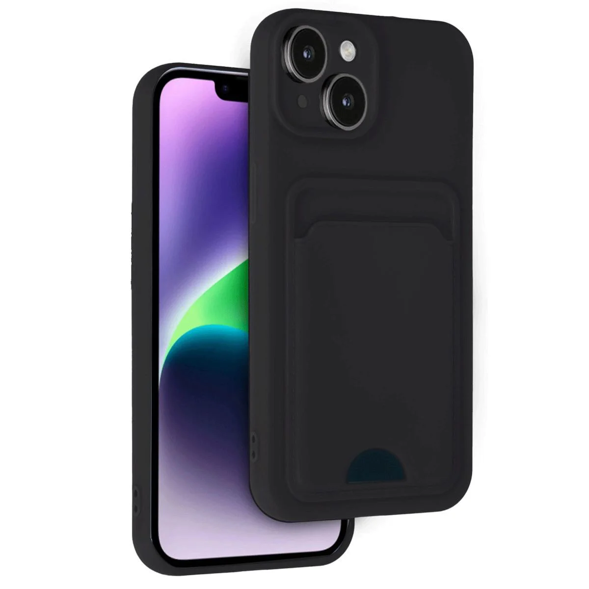 iPhone 14 ile Uyumlu Silikon Kılıf - Kartvizitli, Siyah, Soft-Touch, Süet İç Yüzlü iPhone 14 ile Uyumlu Silikon Kılıf - Kartvizitli, Siyah, Soft-Touch, Süet İç Yüzlü