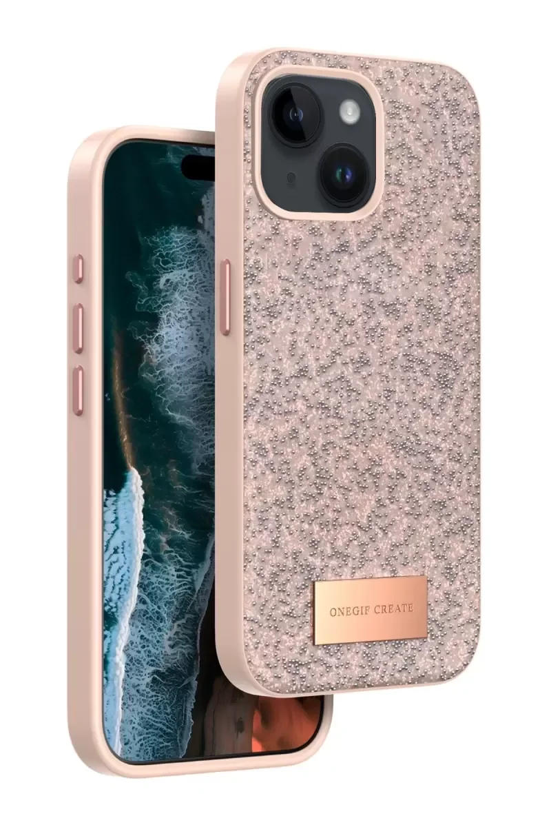 iPhone 14 ile Uyumlu Bright Simli Kapak - Pembe Boncuk İşlemeli Şık Telefon Kılıfı