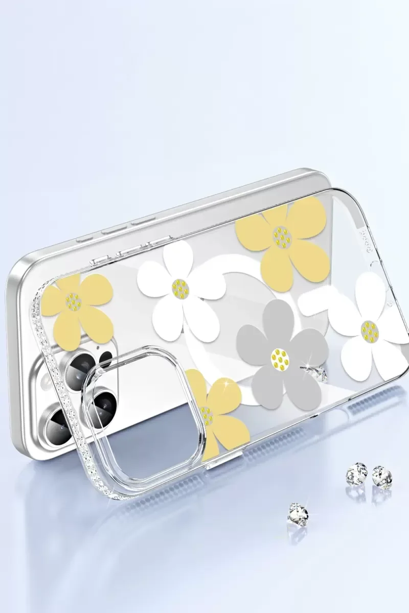iPhone 14 ile Uyumlu Floral Magsafe Kılıf - Pembe Çiçek Desenli Işıltılı Elmas Detaylı Şeffaf Darbe Korumalı Kapak