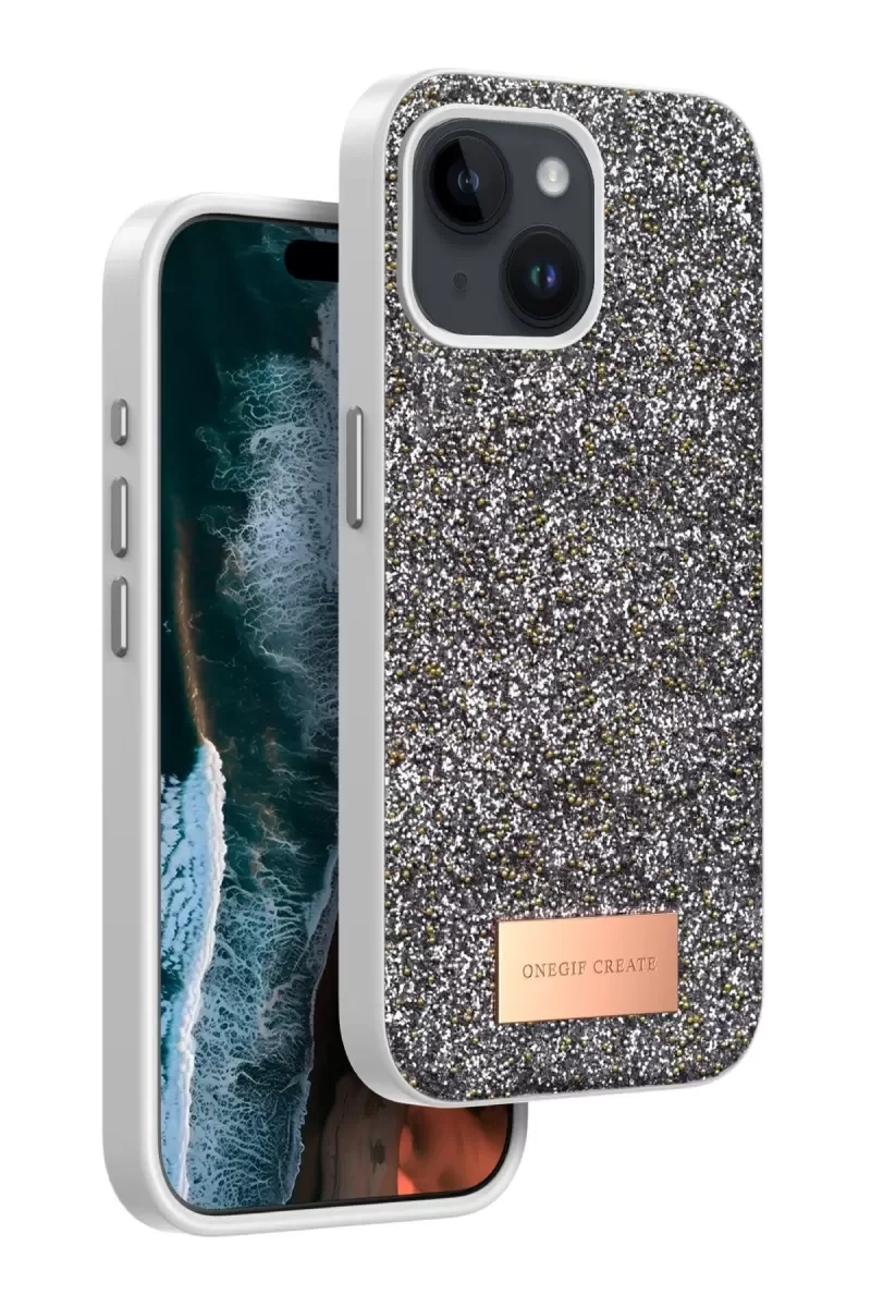 iPhone 14 ile Uyumlu Bright Simli Kapak - Gümüş Boncuk İşlemeli Telefon Kılıfı