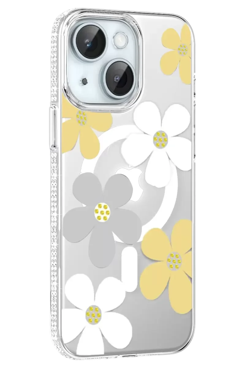 iPhone 14 ile Uyumlu Floral Magsafe Kılıf - Sarı, Çiçek Desenli, Darbe Korumalı