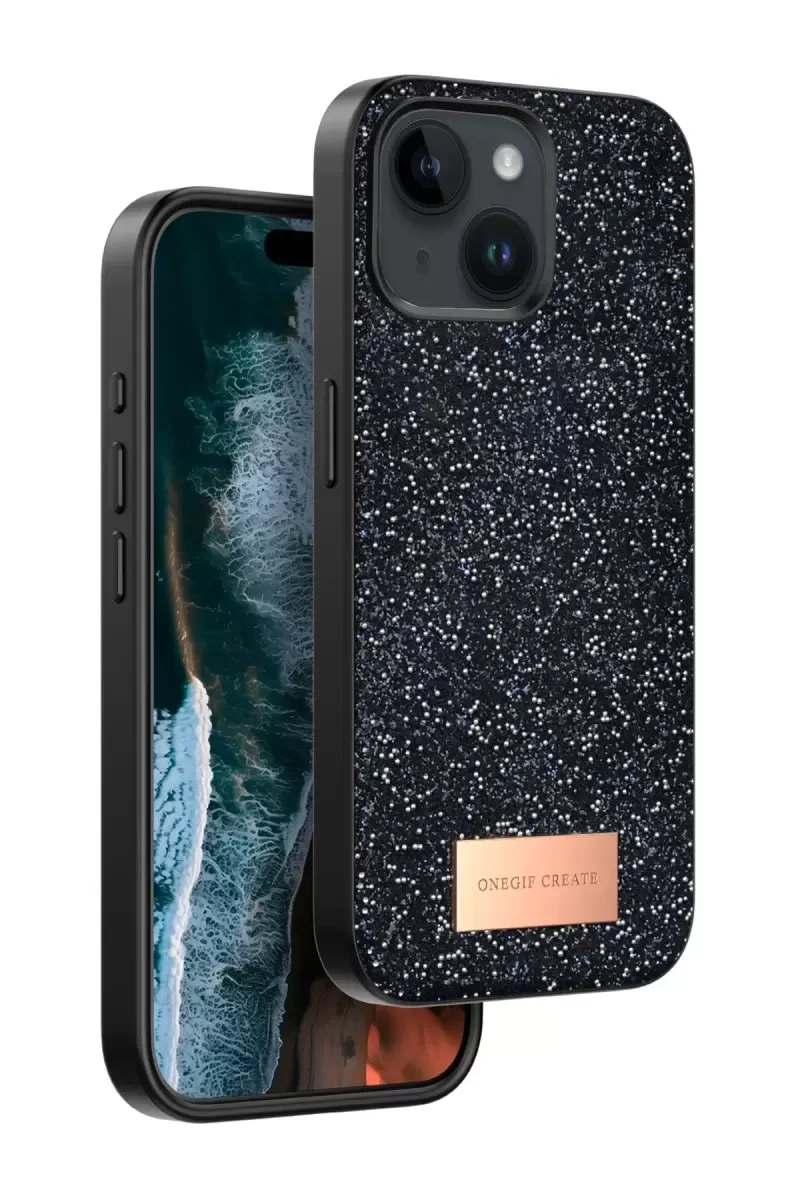 iPhone 14 ile Uyumlu Bright Simli Kapak - Siyah, Boncuk İşlemeli Şık Telefon Kılıfı