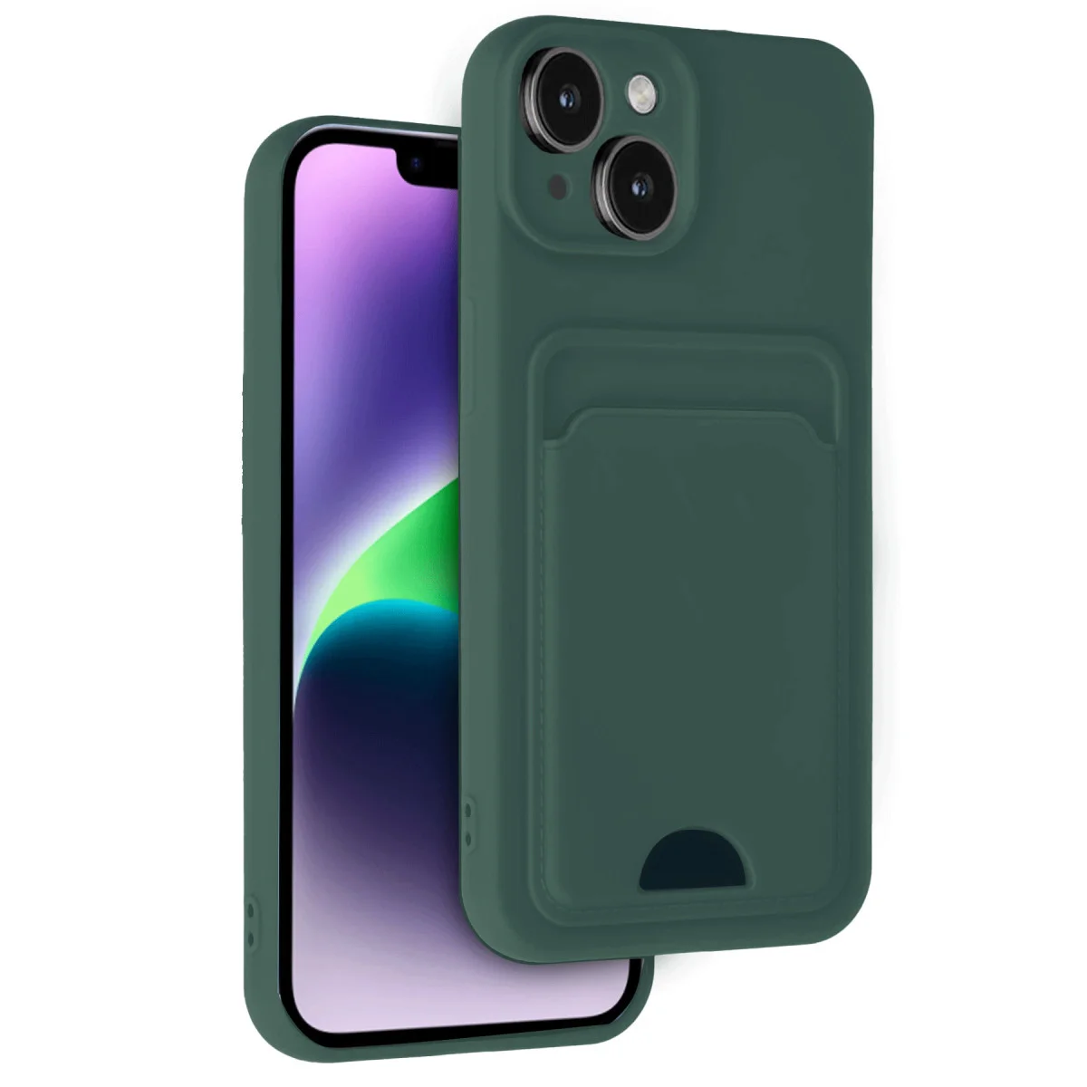iPhone 14 Kartvizitli Silikon Kılıf Koyu Yeşil - Premium Eşofman Kılıfı