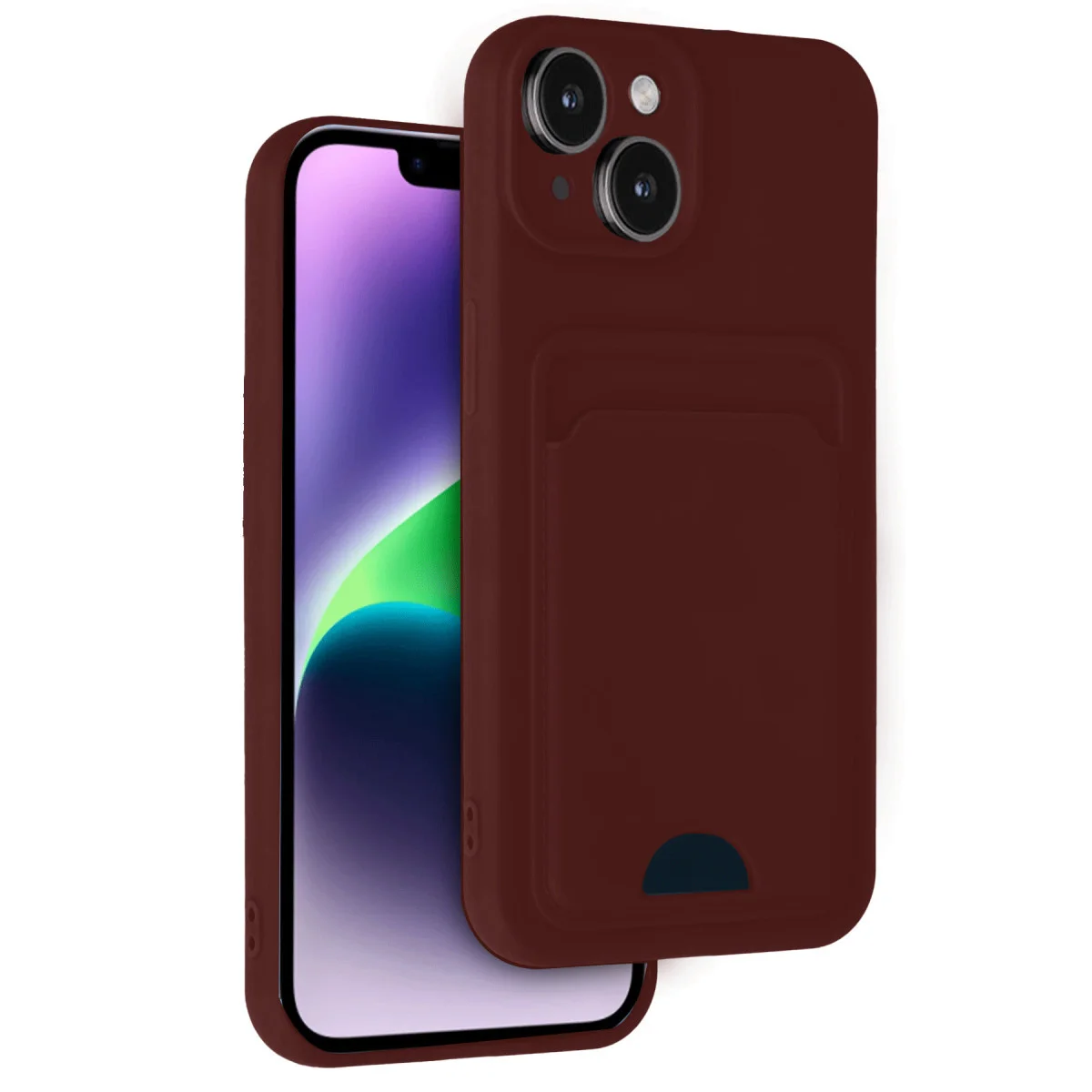 iPhone 14 Kelvin Kartvizitli Silikon Kılıf - Bordo (Mat, Kart Dostu ve Dayanıklı)