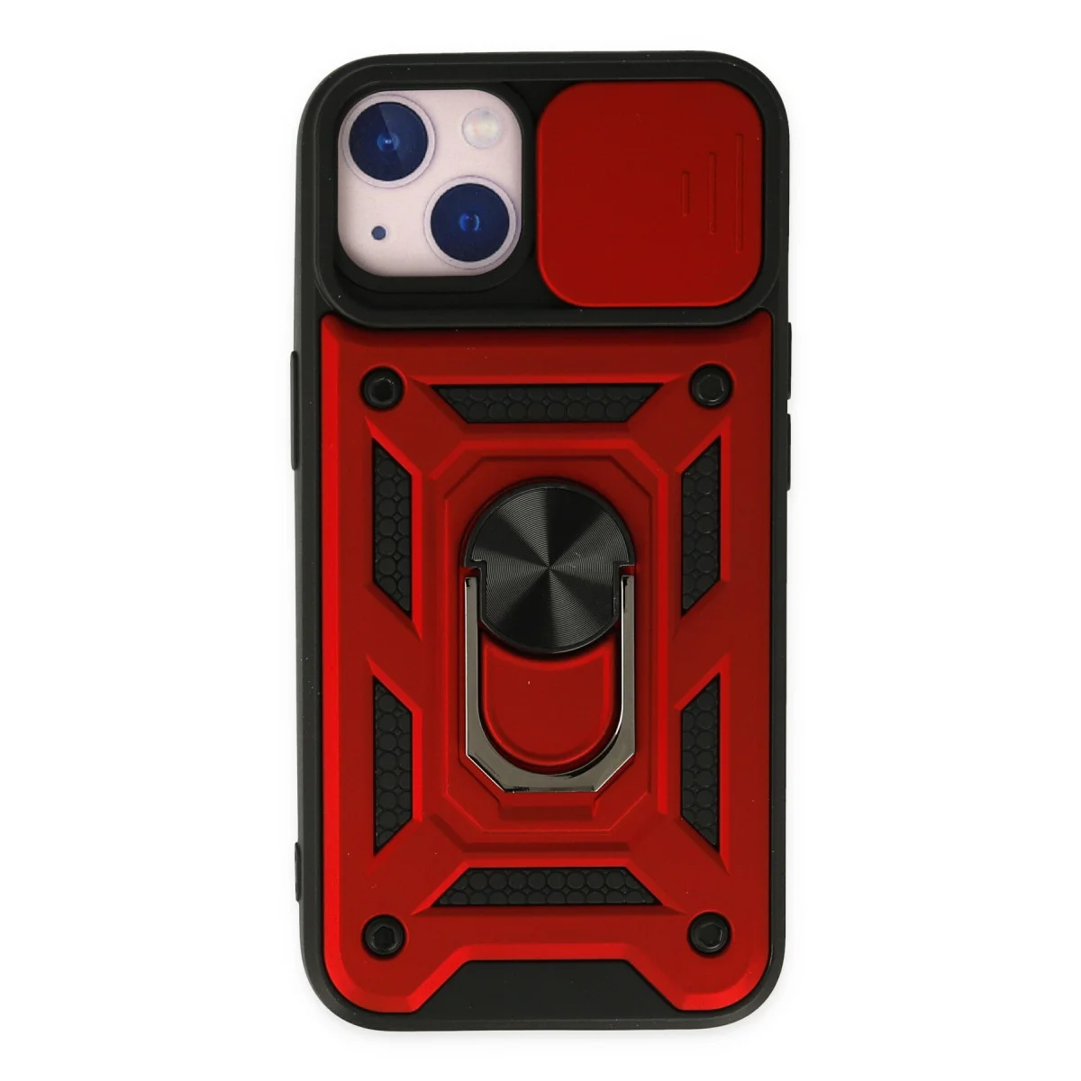 iPhone 14 Kılıf Kırmızı Pars Lens Yüzüklü Silikon - Sürgülü Kamera, Metal Stand ve 360° Koruma