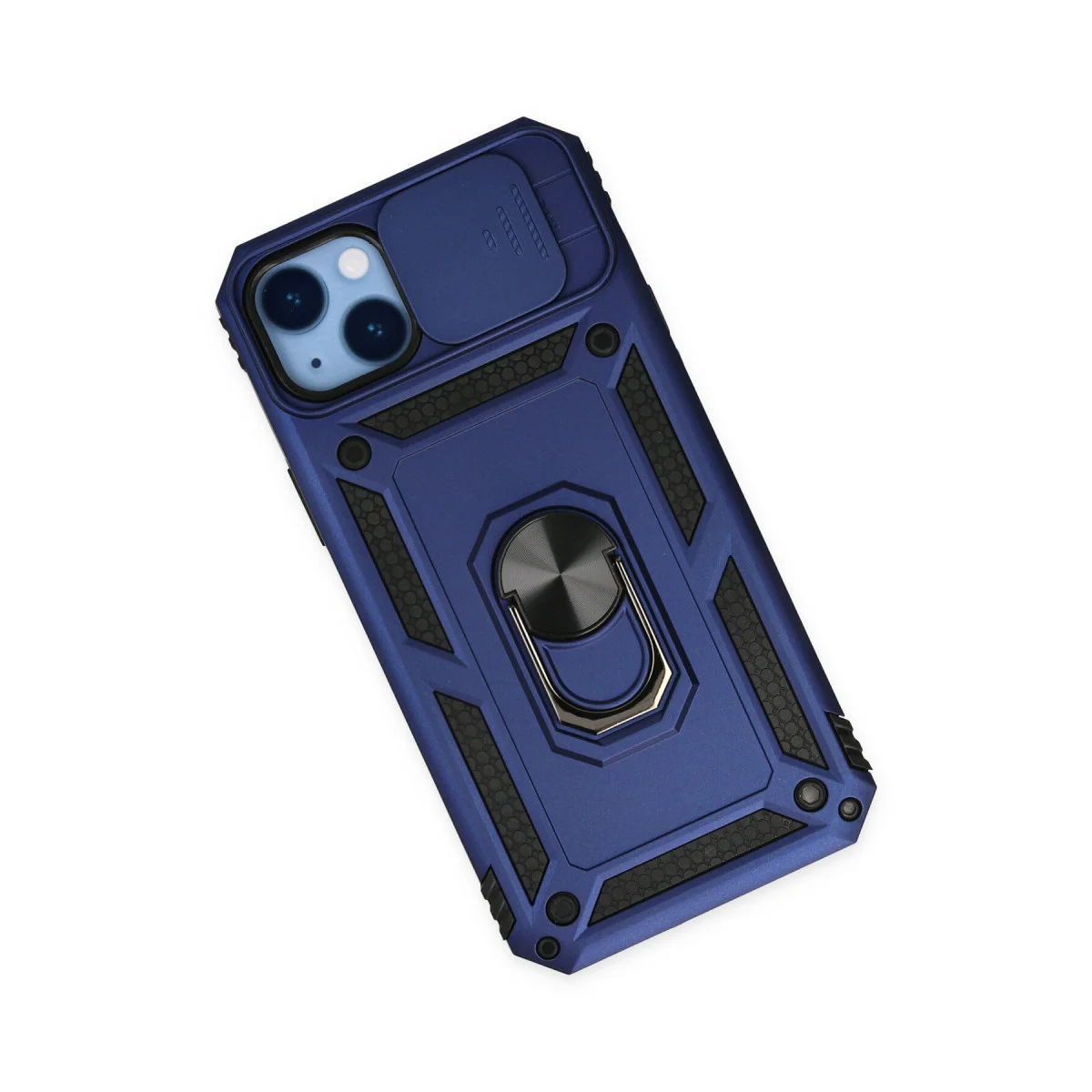 iPhone 14 Plus Kılıf – Pars Lens Kapağı ve Metal Standlı Lacivert Silikon Kılıf