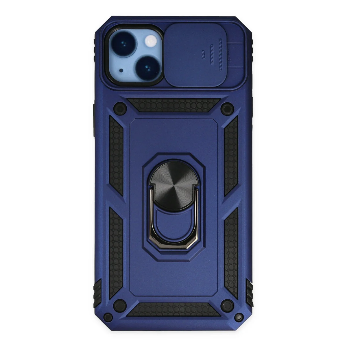 iPhone 14 Plus Kılıf – Pars Lens Kapağı ve Metal Standlı Lacivert Silikon Kılıf