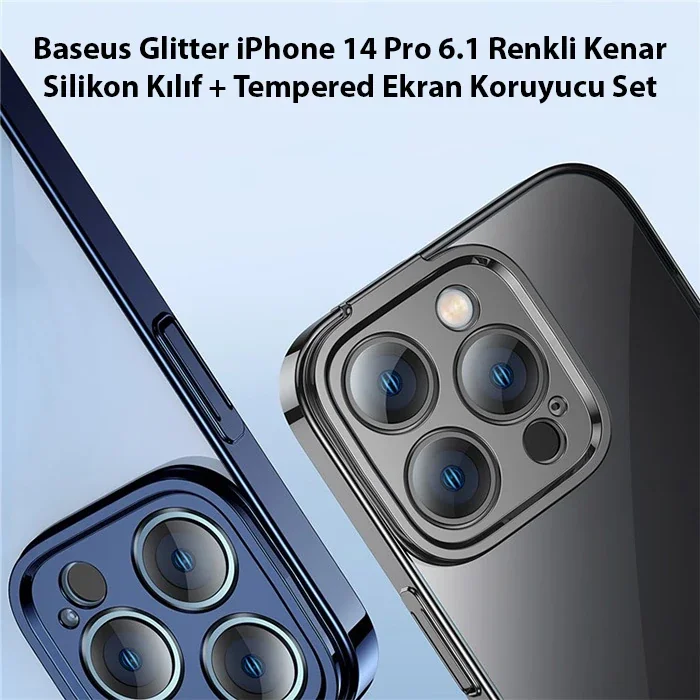 iPhone 14 Pro 6.1 Kılıf Seti - Glitter Renkli Silikon Kenarlı Darbeye Dayanıklı Koruyucu + Temper Cam Ekran Koruyucu