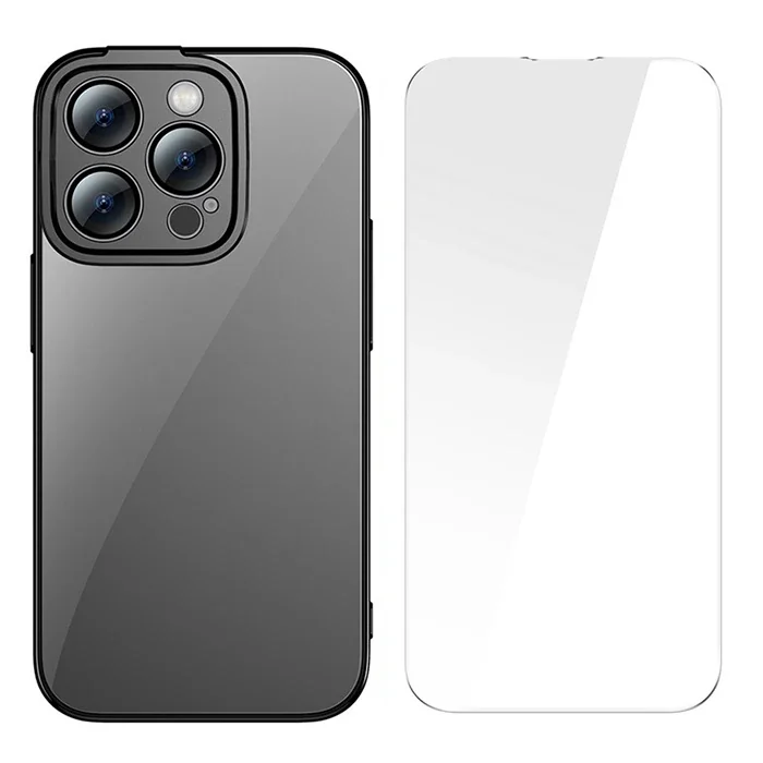 iPhone 14 Pro 6.1 Kılıf Seti - Glitter Renkli Silikon Kenarlı Darbeye Dayanıklı Koruyucu + Temper Cam Ekran Koruyucu