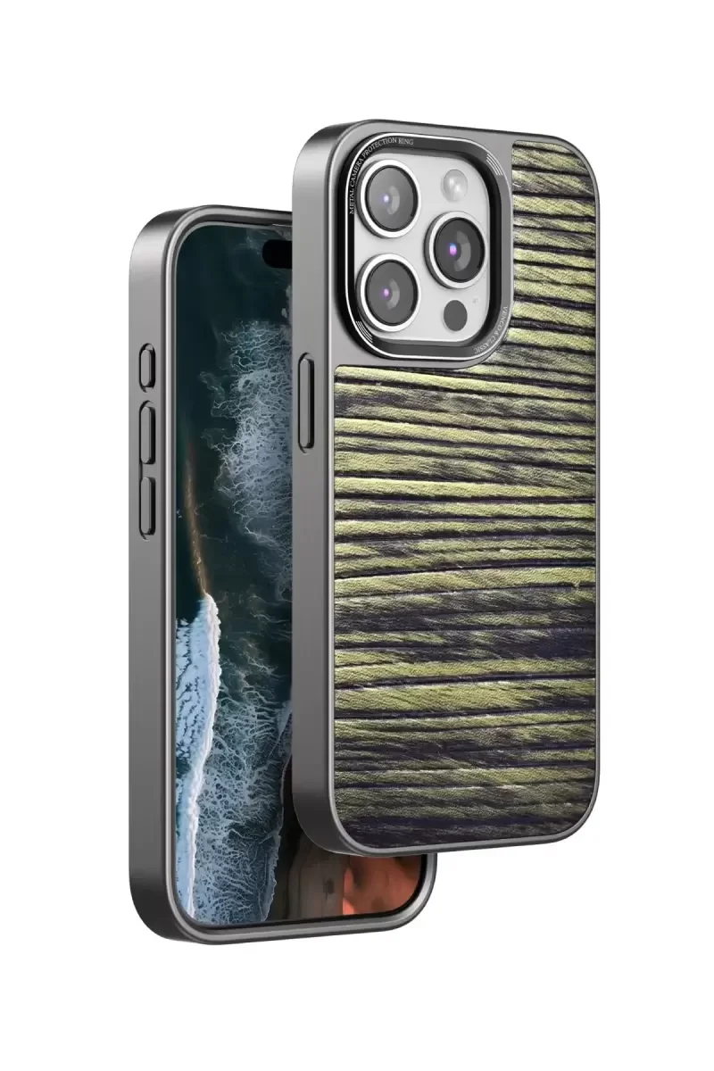 iPhone 14 Pro ile Uyumlu Wave Kapak - Koyu Kahve Suni Deri Telefon Kılıfı