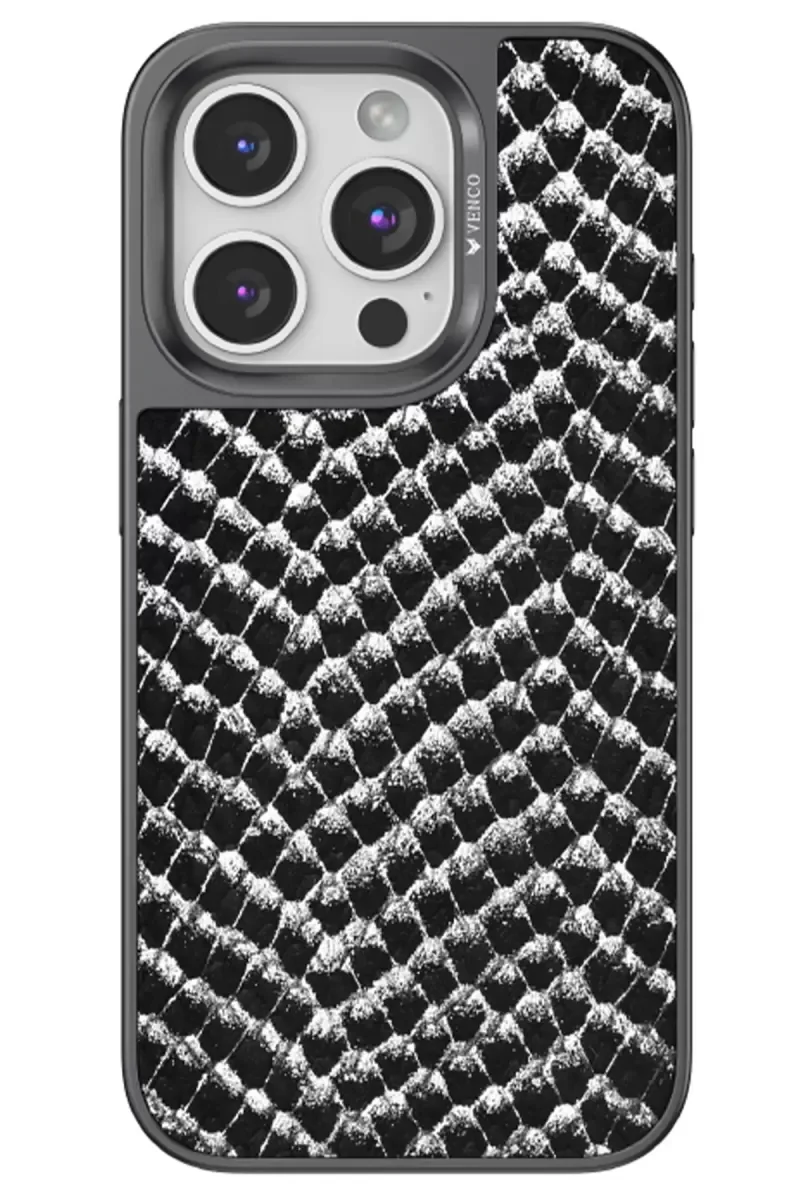iPhone 14 Pro ile Uyumlu Viper Kapak - Siyah Yılan Derisi Desenli Lüks Telefon Kılıfı