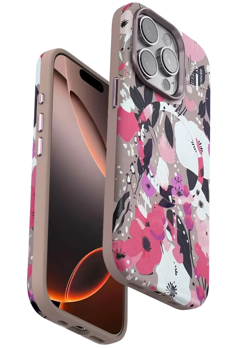 iPhone 14 Pro ile Uyumlu Flower Series Magsafe Kapak - Pembe 3D Gül Desenli Şarj Destekli Telefon Kılıfı