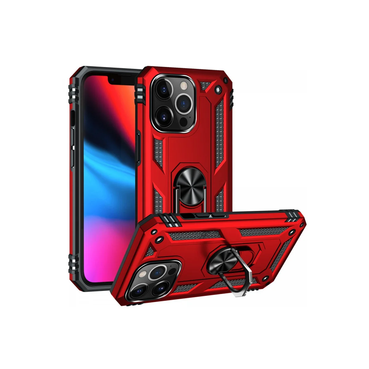 iPhone 14 Pro Kılıf Sofya Yüzüklü Silikon Kapak - Kırmızı (Ultra Korunmalı ve Mıknatıs Uyumlu)
