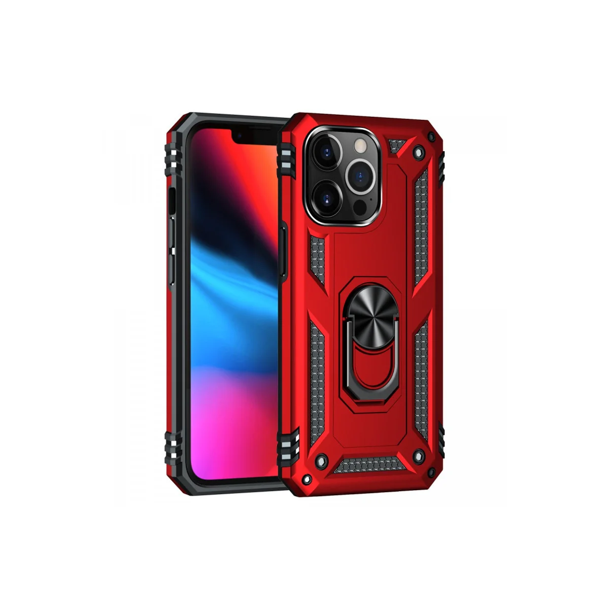 iPhone 14 Pro Kılıf Sofya Yüzüklü Silikon Kapak - Kırmızı (Ultra Korunmalı ve Mıknatıs Uyumlu)