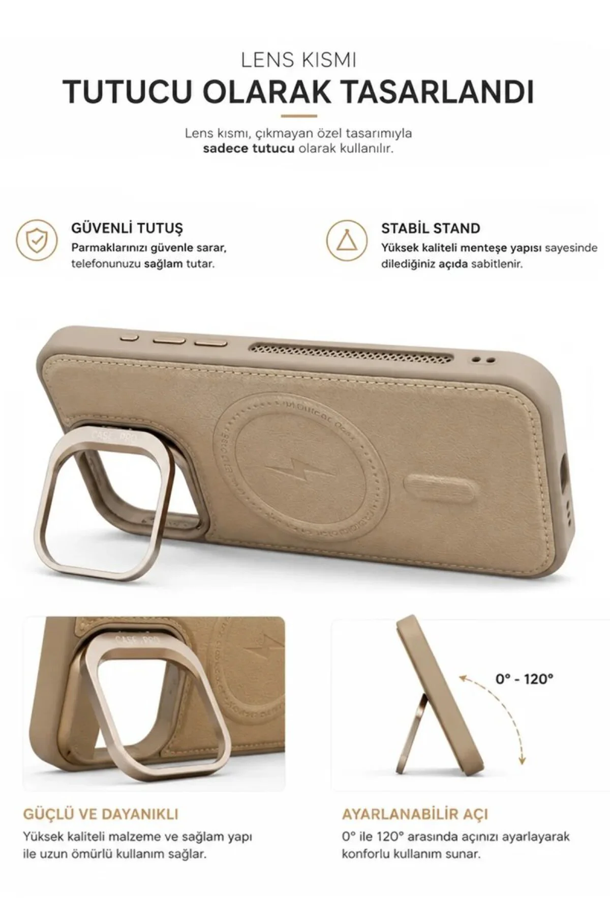 iPhone 14 Pro Max GripStand MagSafe Deri Kılıf Krem